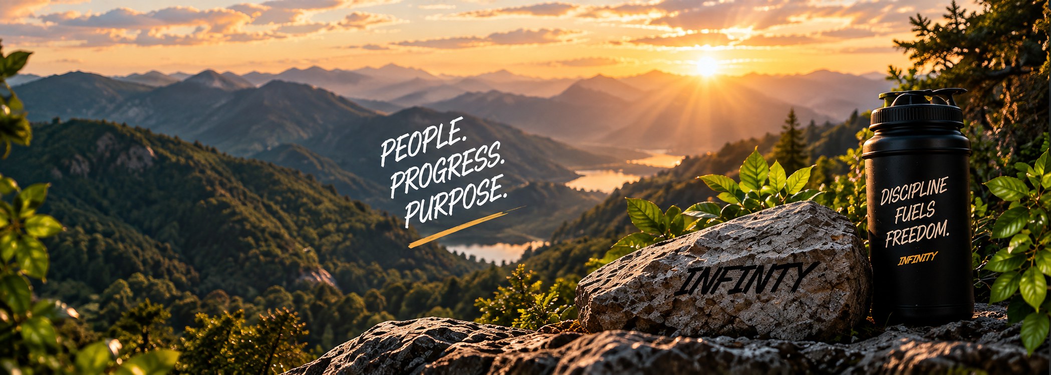Infinity shaker bottle and 'People. Progress. Purpose.' on a mountain ridge at sunrise