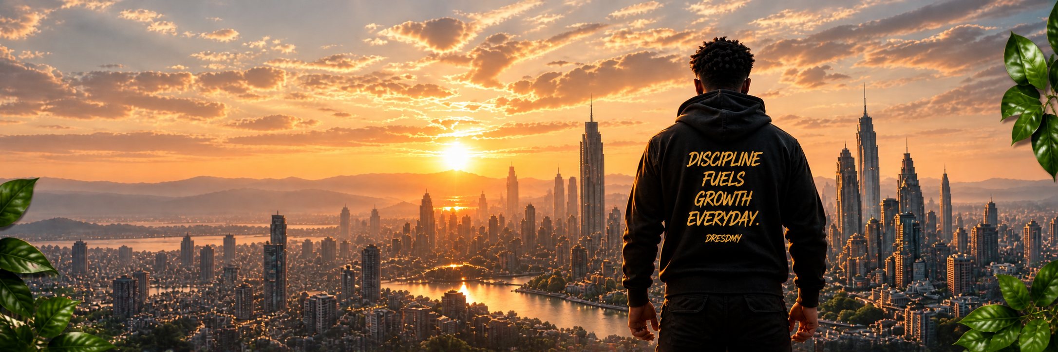 Man in an Infinity hoodie looking over a city skyline at sunrise