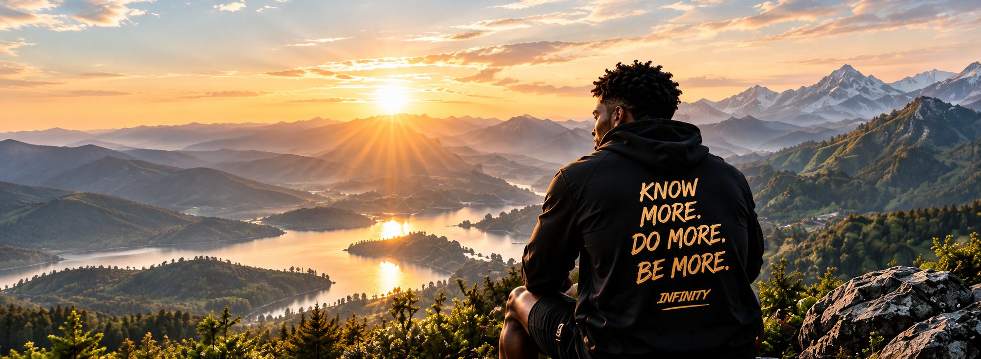 Man in an Infinity hoodie looking out over a mountain valley at sunrise