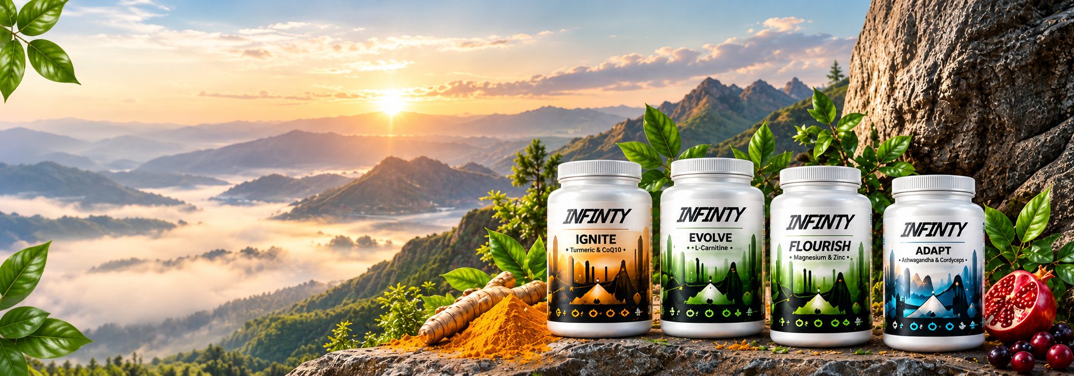 Infinity supplement jars on a mountain ridge at sunrise